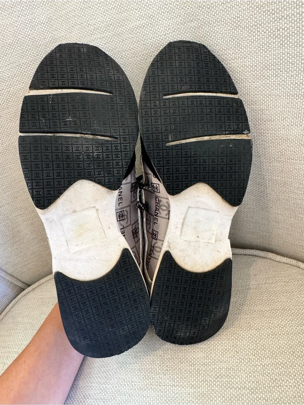CHANEL Black & Silver Logo-Print Sneakers. Sz 39/9. Comes with dustbag
